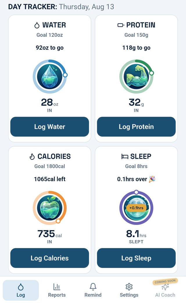 HydroPro Tracker log screen